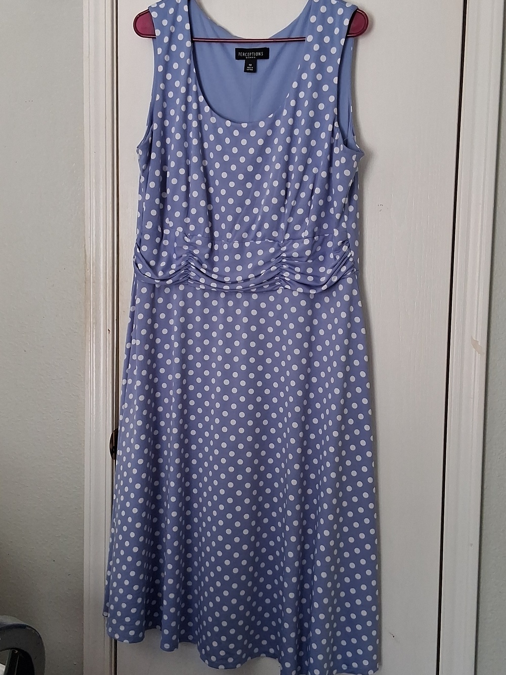 Perceptions Woman Dress  Polka Dot Blue White Scoop Neck Stretch Sleeveless 1X